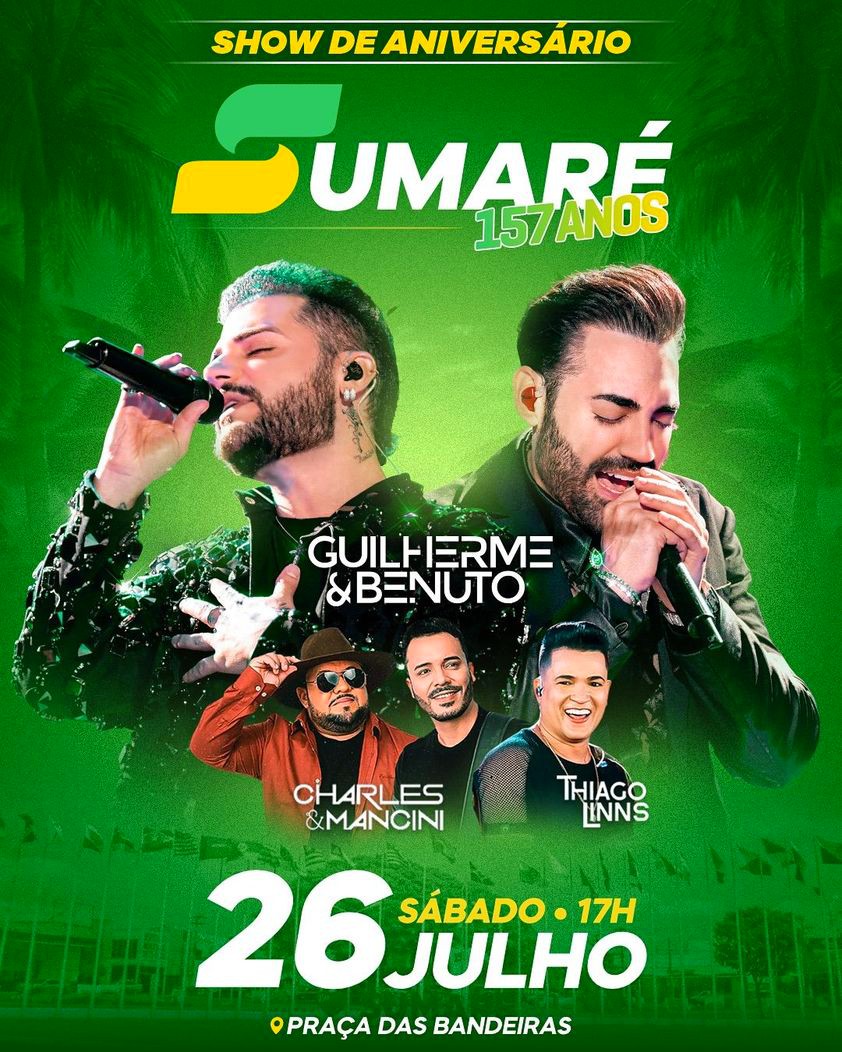 Sumaré terá show gratuito com Guilherme & Benuto no aniversário da cidade.