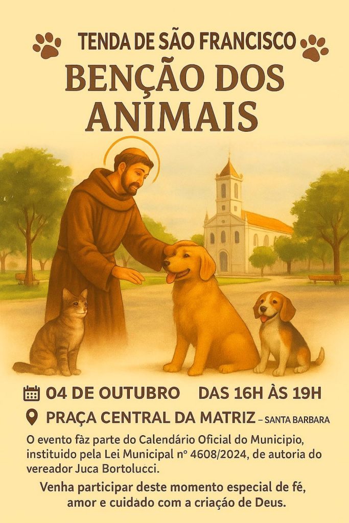 Santa Bárbara terá Bênção dos Animais na Praça Central